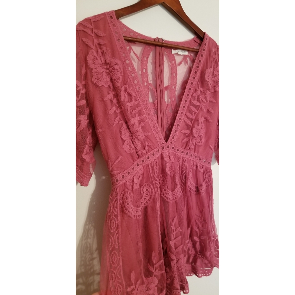 Honey Punch Deep V Plunge Lace Embroidered Romper Boho Raspberry Pink